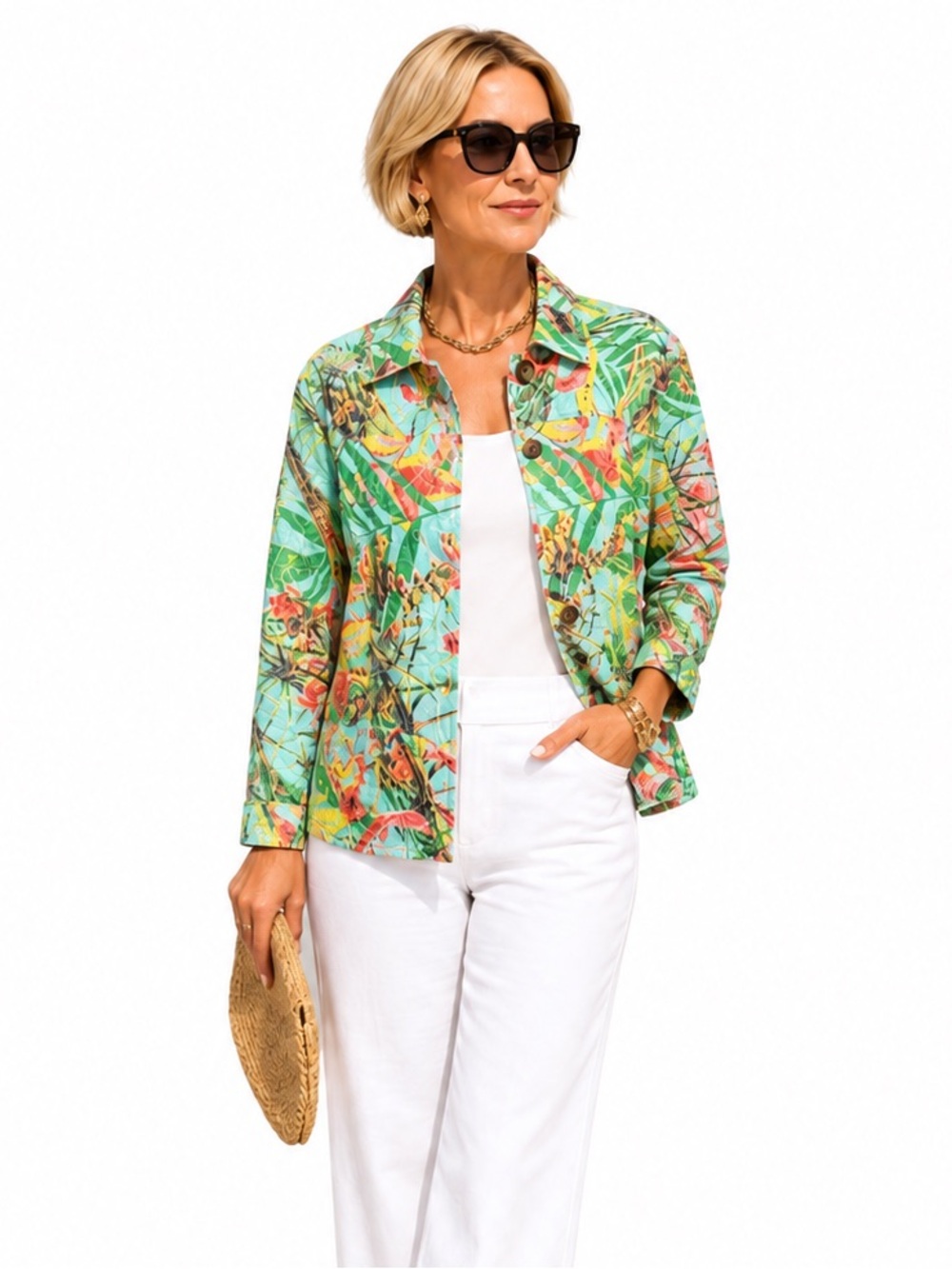 Analogy tropical jacket multicolor front button pockets cotton blend large